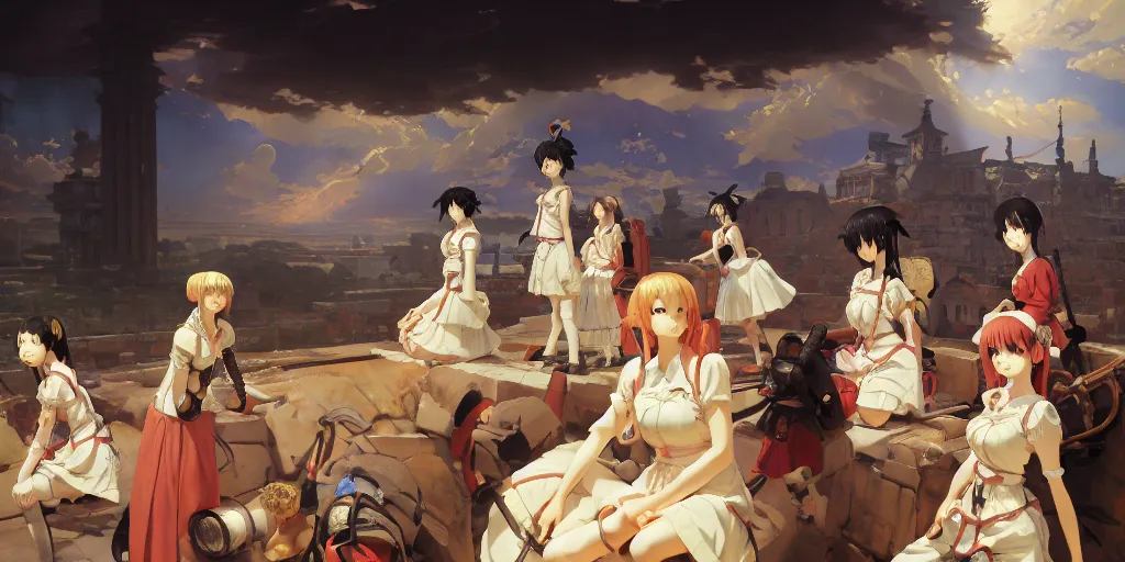 Image similar to baroque oil painting of key visual environment concept art, anime maids during the fall of the roman empire, brutalist fantasy, rule of thirds golden ratio, fake detail, trending pixiv fanbox, acrylic palette knife, style of makoto shinkai ghibli takashi takeuchi yoshiyuki sadamoto jamie wyeth james gilleard greg rutkowski chiho aoshima