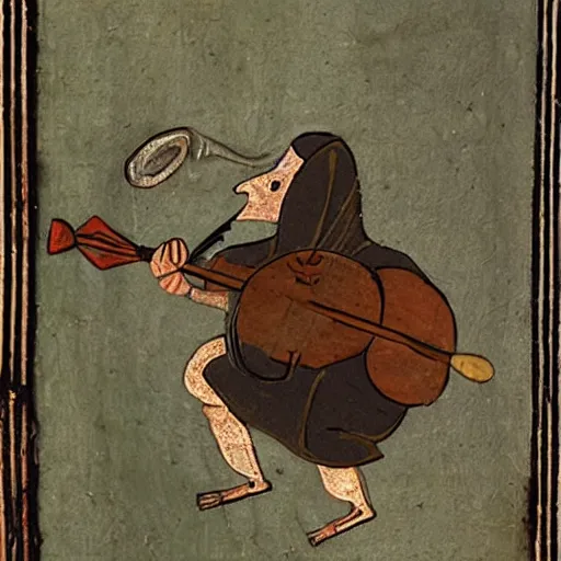 Prompt: snail playing banjo, medieval artwork