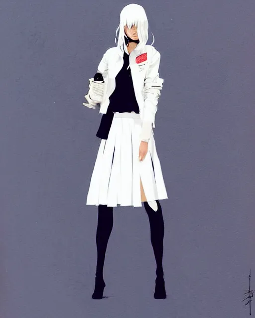 Image similar to a ultradetailed painting of a stylish woman wearing a white jacket with black skirt, by conrad roset, greg rutkowski and makoto shinkai trending on artstation