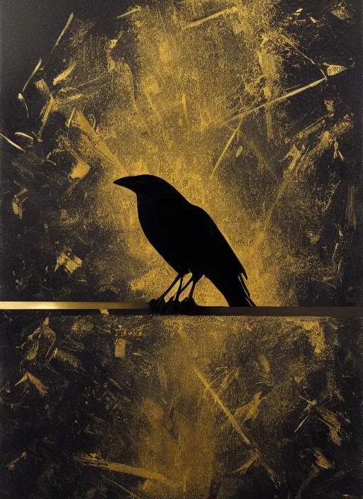 Prompt: crow, award - winning painting, abstract, gold and silver shapes, elegant, luxurious, beautiful, pitch black background, chiaroscuro