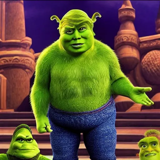 Prompt: Donald Trump playing Shrek in the live action adaptation (2041)