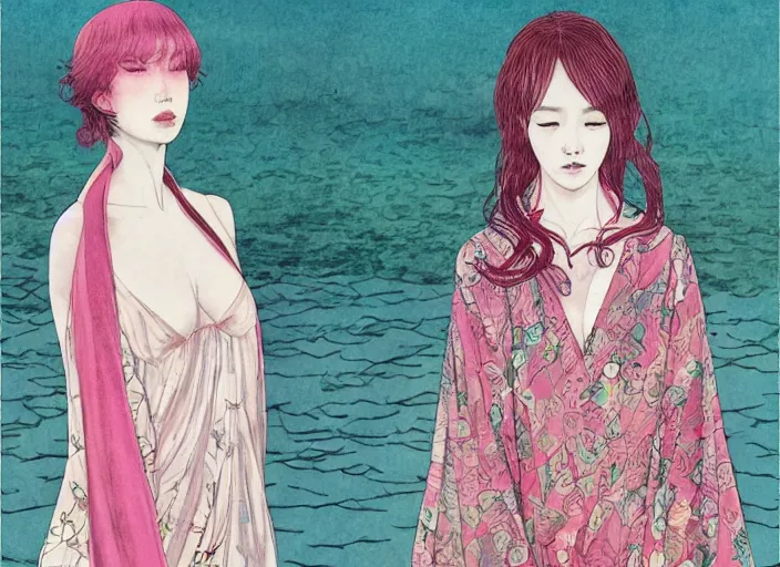 Prompt: lee jin - eun in luxurious dress emerging from pink and turquoise water in renaissance city during an eclipse by takato yamamoto, nicola samuri, conrad roset, m. k. kaluta, martine johanna, rule of thirds, elegant look, beautiful, chic, face anatomy, cute complexion