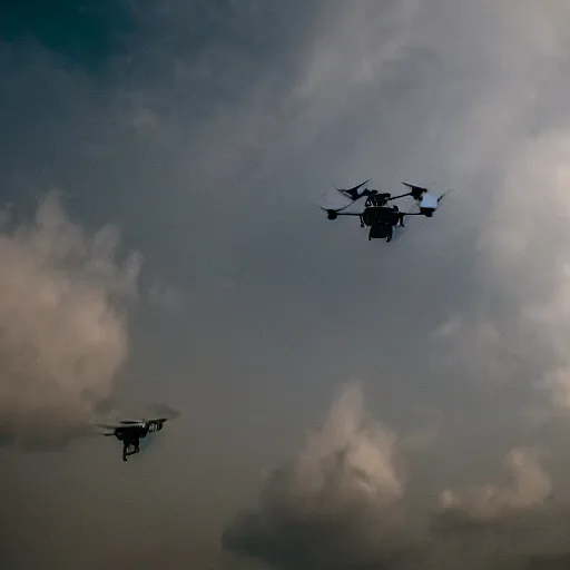 Prompt: cinematic areal shot of three drones baykar flying through the clouds