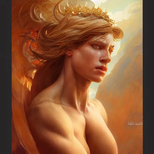 Image similar to portrait of a heavenly god, full body, muscular, fantasy, intricate, elegant, dramatic lighting, highly detailed, digital painting, artstation, concept art, matte, sharp focus, illustration, art by artgerm and greg rutkowski and alphonse mucha