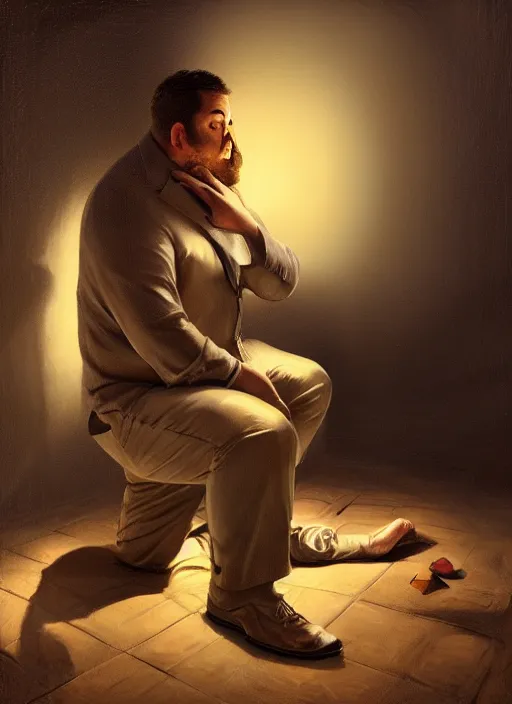 Image similar to insanely detailed chiaroscuro image of a sleepy - looking chubby well - dressed programmer guy on his knees facing his glowing ultrawide monitor begging it for forgiveness, oil on canvas, masterwork, fine detail, trending on artstation, emotive, insanely compelling, ryden, koons, moebius