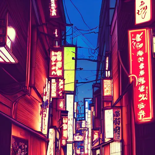 Image similar to japan narrow street with neon signs and a girl with umbrella wearing techwear, digital art, sharp focus, wlop, artgerm, beautiful, award winning, cyberpunk color style