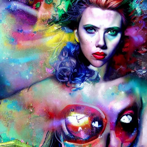 Image similar to scarlett johansson as delirium from sandman, ( hallucinating colorful soap bubbles ), by jeremy mann, by sandra chevrier, by dave mckean and richard avedon and maciej kuciara, punk rock, tank girl, high detailed, 8 k