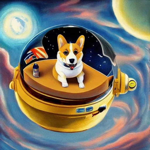 Prompt: surrealist painting of a corgi astronaut floating in outer space