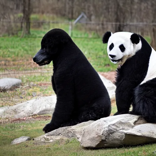 Image similar to a photo of a black poodle dog next to a panda,