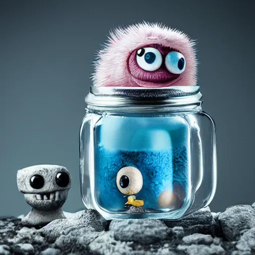 Image similar to cute monster in a jar by Greg Rutkowski, product photography, centered, studio lightning