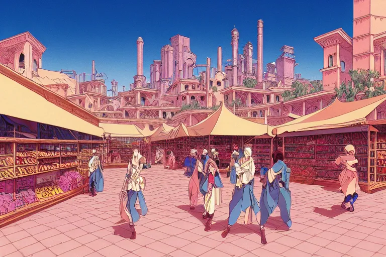 Image similar to cel-shaded study of a marketplace in a desert city with late renaissance buildings in the background, key visual with intricate linework, in the style of moebius, ayami kojima, 90's anime, retro fantasy