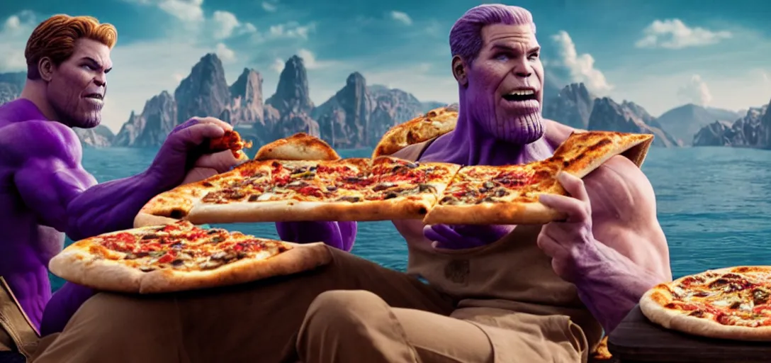 Image similar to a very high resolution image from a new movie. thanos eating pizza on a lake, photorealistic, photography, directed by wes anderson