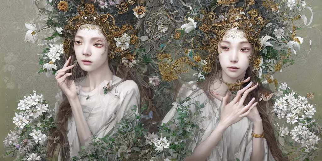 Prompt: breathtaking detailed concept art portrait painting of the goddess of white flowers, orthodox saint, with anxious, piercing eyes, ornate background, amalgamation of leaves and flowers, by Hsiao-Ron Cheng, James jean, Miho Hirano, Hayao Miyazaki, extremely moody lighting, 8K