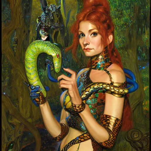 Image similar to a portrait of a female snake wearing ornate plastic armor at night in a dark forest. zootopia fursona furaffinity furry art detailed face painting by roger dean and gaston bussiere craig mullins jc leyendecker gustav klimt artgerm greg rutkowski furry