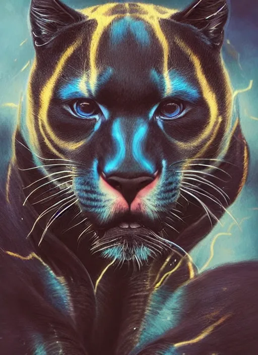 Prompt: photo of a gorgeous Beautiful face Portrait of twenty panthers in the wild attacking the air. Thunders, magic, power. face painting, powerful magic panthers in the style of stefan kostic, wild, realistic, sharp focus, 8k high definition, insanely detailed, intricate, elegant, art by stanley lau and artgerm