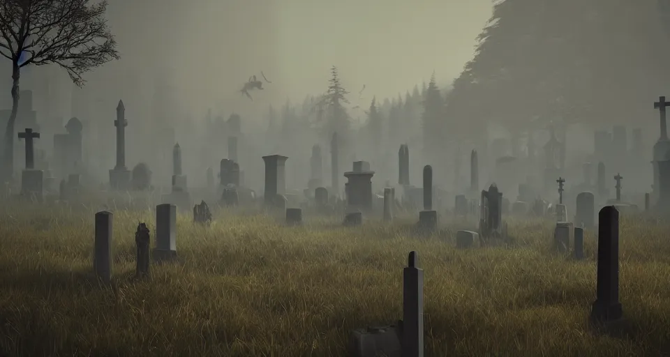 Image similar to Eerie cemetery landscape, cinematic, rendered by simon stålenhag, rendered by Beeple, Makoto Shinkai, syd meade, environment concept, digital art, unreal engine, 3 point perspective, WLOP, trending on artstation, low level, 4K UHD image, octane render,