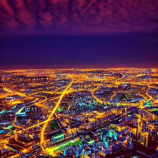 Image similar to City postsoviet area aerial view in neon light on a wide angle camera