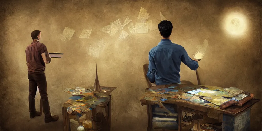 Image similar to back shot of male researcher examining the mysteries of tarot cards on a magical blackboard, fantasy art, matte painting, high quality, digital painting, artwork by terryl whitlatch