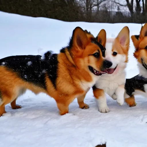 Image similar to 8k highly detailed photograph of the five most adorable Corgi Puppies playing in snow in my backyard, natural lighting,