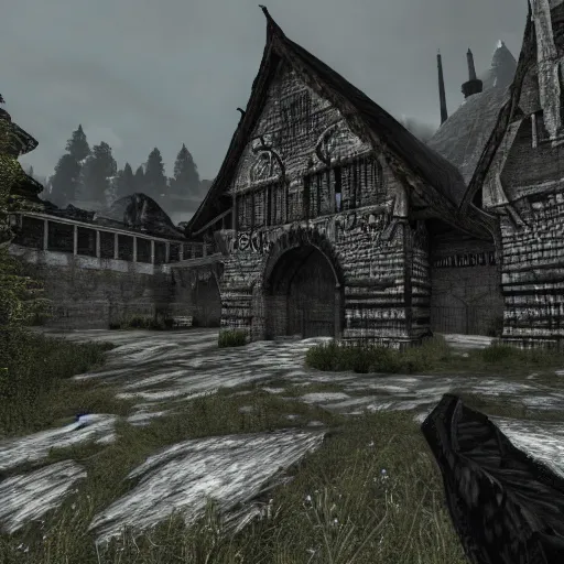 Image similar to berghain in the middle of whiterun, 3 dgc, wide shot, skyrim, oblivion, pc game, gameplay screenshot