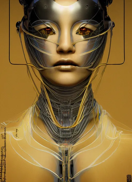 Image similar to portrait of futuristic geisha cyborg, kintsugi, modern fine art, fractal, intricate, elegant, highly detailed, digital photography, subsurface scattering, in the style of ghost, by jheronimus bosch and frank miller and greg rutkowski,