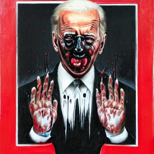 Prompt: presidential portrait of joe biden with oily black fluid pouring from mouth and nose as slenderman, medical diagram by beksinski, jon mcnaughton, and stephen gammell