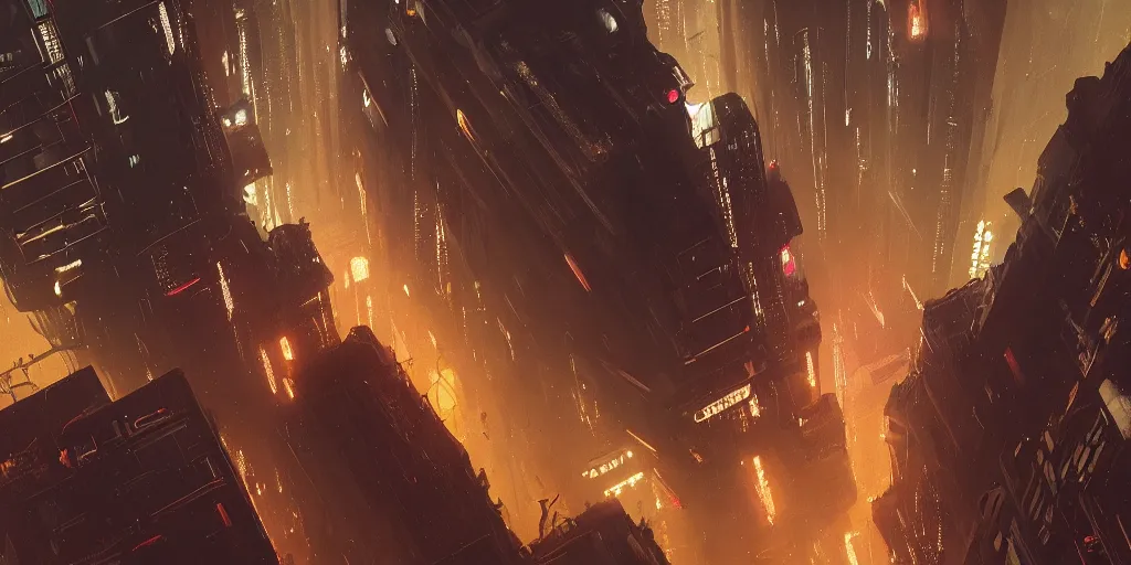 Prompt: a painting of a cinematic keyframe of a cyberpunk dystopian city, blade runner like seen from above, cenital shot, by greg rutkowski, rule of thirds, golden ratio, ambient lighting, wlop, artgerm, artstation, highly detailed masterpiece, dark fantasy art, high detail, trending on artstation