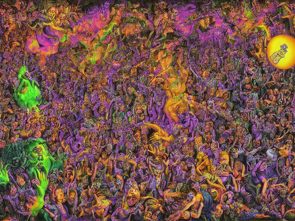 Image similar to digital painting rave party in hell by Chor Boogie, intricate details, ultra detailed, 4K, award-winning, touch of M. C. Escher and Salvador Dali