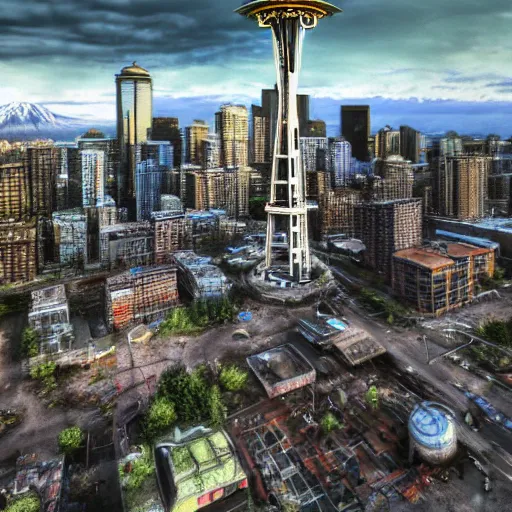 Image similar to a world fallen by disease, seattle completely wasted away, nature taken over and grow over buildings, the ((space needle)) still standing tall but rusted and worn, high quality photorealism, cinematic, epic, Deviantart, artstation, high detail Octane render