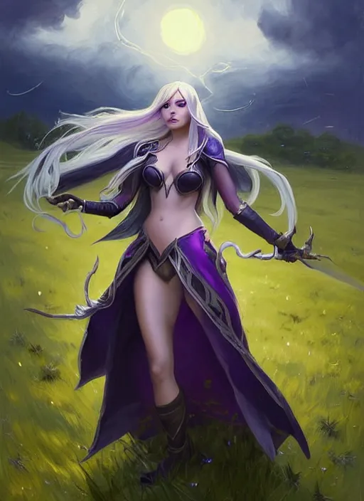 Prompt: portrait of mage Syndra from League of Legends practicing wild magic, countryside, calm, fantasy character portrait, dynamic pose, above view, sunny day, thunder clouds in the sky, artwork by Jeremy Lipkin and Giuseppe Dangelico Pino and Michael Garmash and Rob Rey, very coherent asymmetrical artwork, sharp edges, perfect face, simple form, 100mm