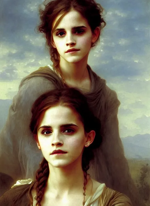 Image similar to painting of emma watson as hermione granger. beautiful. gorgeous. during golden hour. art by william adolphe bouguereau.