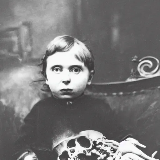 Image similar to a photo of young sad victorian gothic child with big eyes and wide grin sitting on a sofa of bones surrounded by a cyber futuristic cityscape made of human body parts, color, 5 0 mm, award winning photography