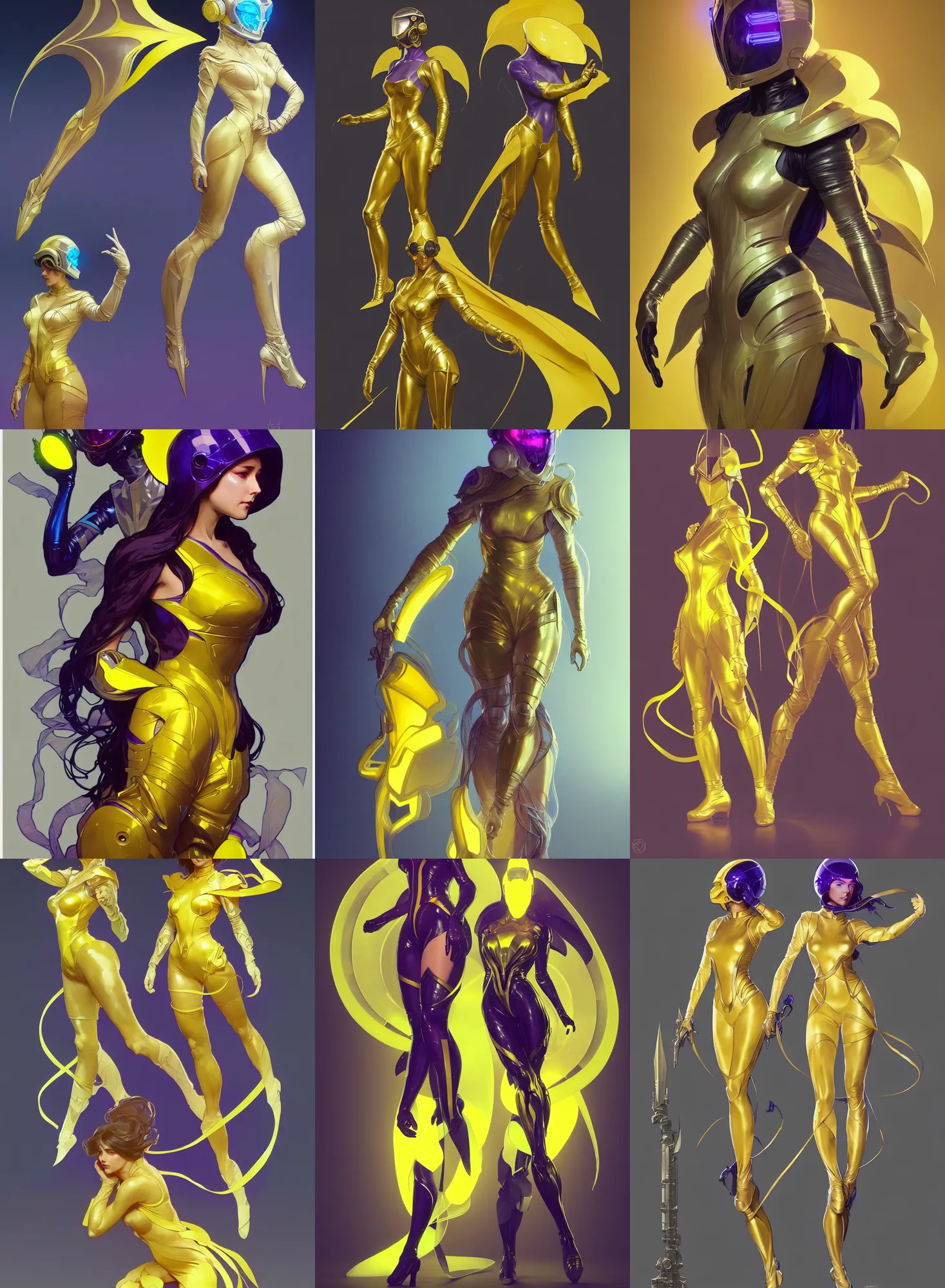 Prompt: a full body character design by artgerm, greg rutkowski and alphonse mucha. sci - fi dagger. yellow and bluish violet translucent plastic tape project show attctive showgirl!! sci - fi helmet!! sharp edges. contour light effect!!. ultra detailed, elegant, intricate, octane render.