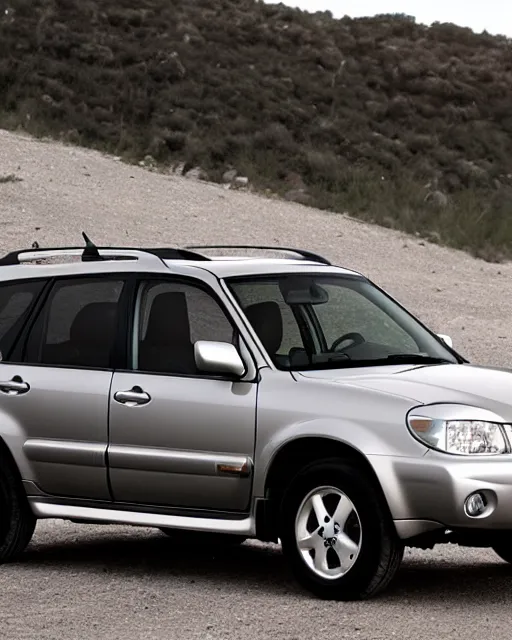 Prompt: 2 0 0 3 subaru forester xs, silver, studio lighting, photo, extremely detailed, artistic photography, 8 k, trending, very accurate,