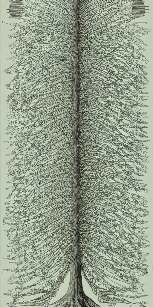 Prompt: Detailed Infographic Blueprint by Ernst Haeckel of a giant beautiful diatom tree