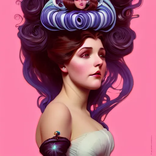 Image similar to curvy woman with a bundt cake as hair, digital art, cinematic, concept art, 8k, painting, imaginefx, cgsociety, art nouveau, Alphonse Mucha, trending on artstation, wide shot, full shot