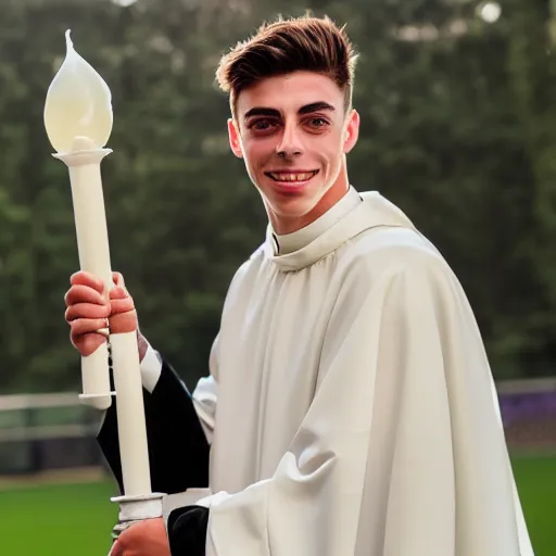 Prompt: attractive kai havertz wearing priest outfit holding large detailed ivory candlestick. natural lighting by photorealistic, portrait. 8 k high definition