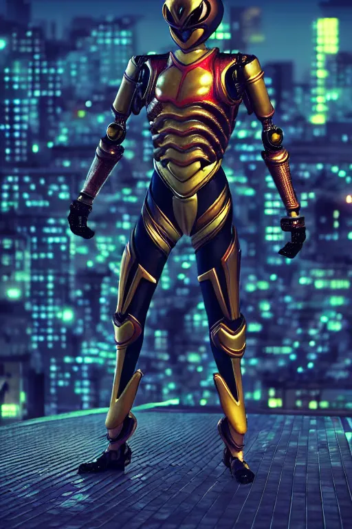 Image similar to kamen rider big technical belt hero action pose, full body portrait, human structure bee concept art, human anatomy, intricate detail, hyperrealistic art and illustration by irakli nadar and alexandre ferra, blurry and sharp focus, on future tokyo night rooftop, unreal 5 engine highlly render, global illumination