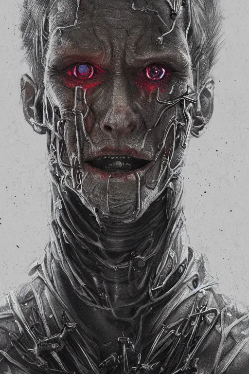 Image similar to realistic portrait beautiful concept art of home alone 2 movie scene when kevin mutate into cyborg. horror, created by gustave dore and greg rutkowski, high detailed, smooth draw, synthwave neon retro, intricate, trending on artstation.