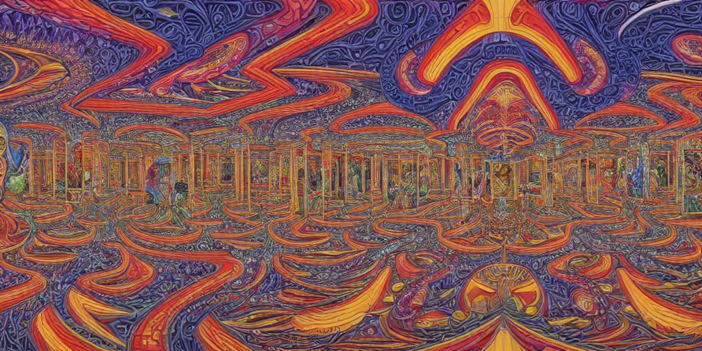 Image similar to memory palace, masterpiece composition, 8 k resolution, ultra fine illustration, art by alex grey and tokio aoyama, highly detailed,