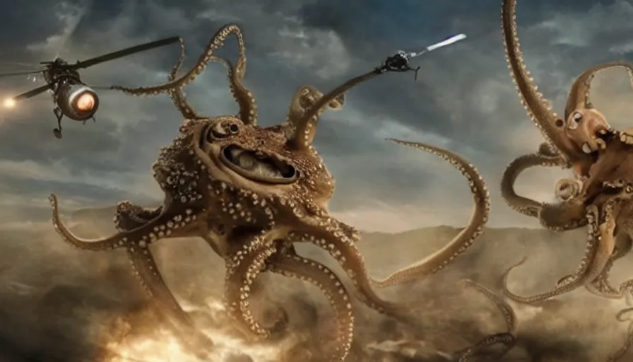 Image similar to big budget movie about an octopus genetically fused with an attack helicopter