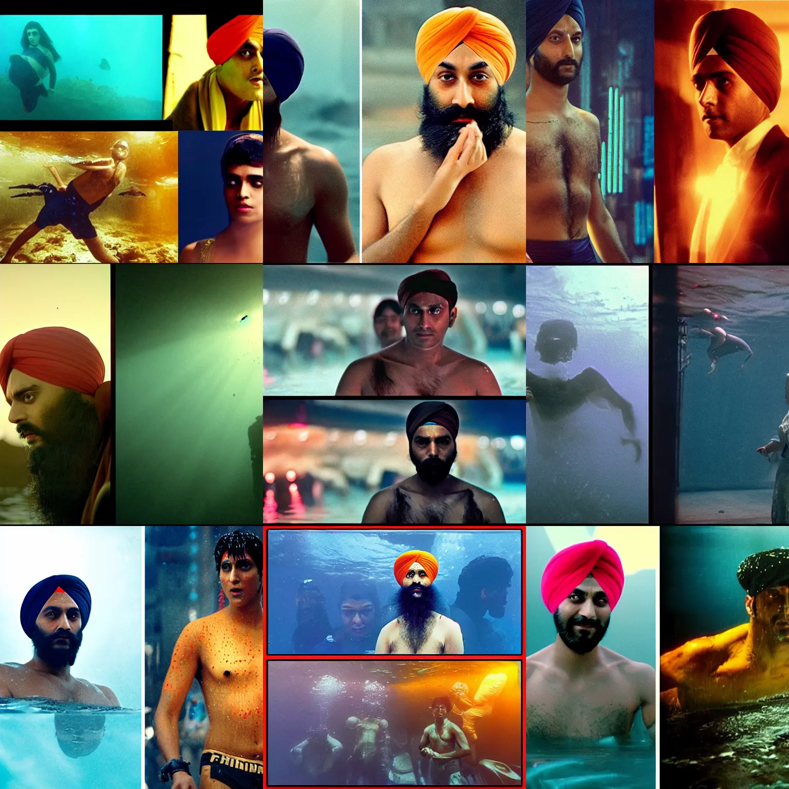 Prompt: Kodak portra 160, 4K, split screen: famous indian sikh in low budget blade runner movie remake, underwater scene