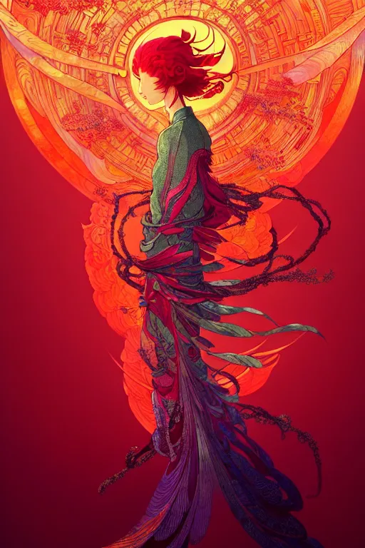 Image similar to a beautiful hyperdetailed character design 4 k wallpaper illustration of a huge reddish phoenix, victo ngai style, from china, style of studio ghibli, makoto shinkai, raphael lacoste, louis comfort tiffany, denoise, deblurring, artgerm, xision, james jean, ross tran, chinese style