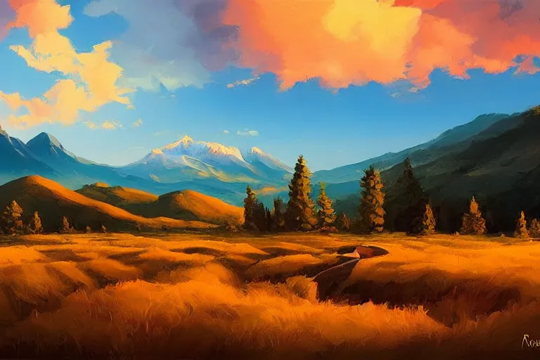Prompt: a beautiful nature landscape with clouds, mountains, in background, sunset, by rhads