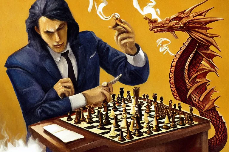 Image similar to oil painting art deco dragon shiny scales golden highlights smoking a cigar sitting at a chess table strategy wearing a handsome suit, trending on artstation, deviantary, furaffinity