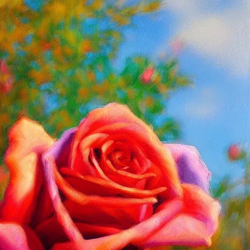 Prompt: A rose in an impressionist style, with bold brushstrokes and vivid colors. The composition is zoomed out, allowing the viewer to see more of the surroundings.