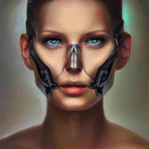 Image similar to amazing portrait of a beautiful cyborg, oil painting. HD