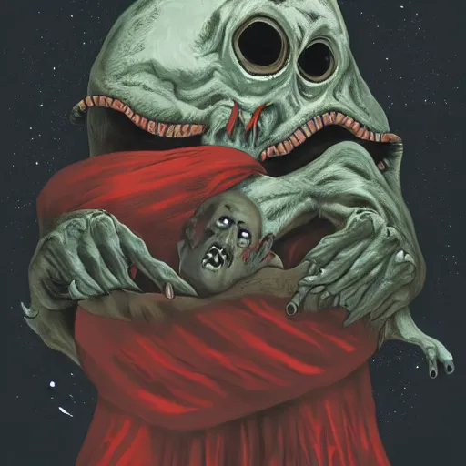 Prompt: horror creature holding planet