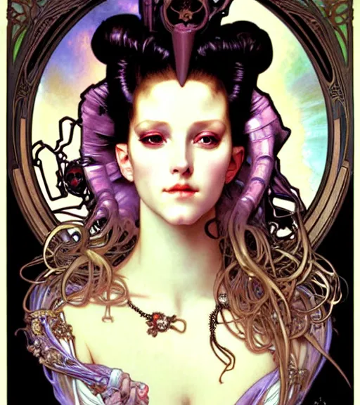 Prompt: realistic detailed face portrait of a young beautiful alien baroque cyberpunk marie antoinette by alphonse mucha, ayami kojima, amano, greg hildebrandt, and mark brooks, female, feminine, art nouveau, rococo cyberpunk, neo - gothic, gothic, biotech hair, character concept design
