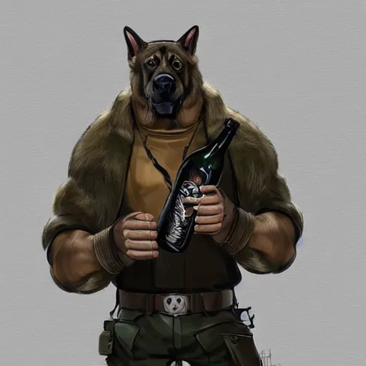 Image similar to a humanoid german shepherd beast - man in military style, holding a bottle of beer, artstation, concept art, smooth, sharp foccus ilustration, artstation